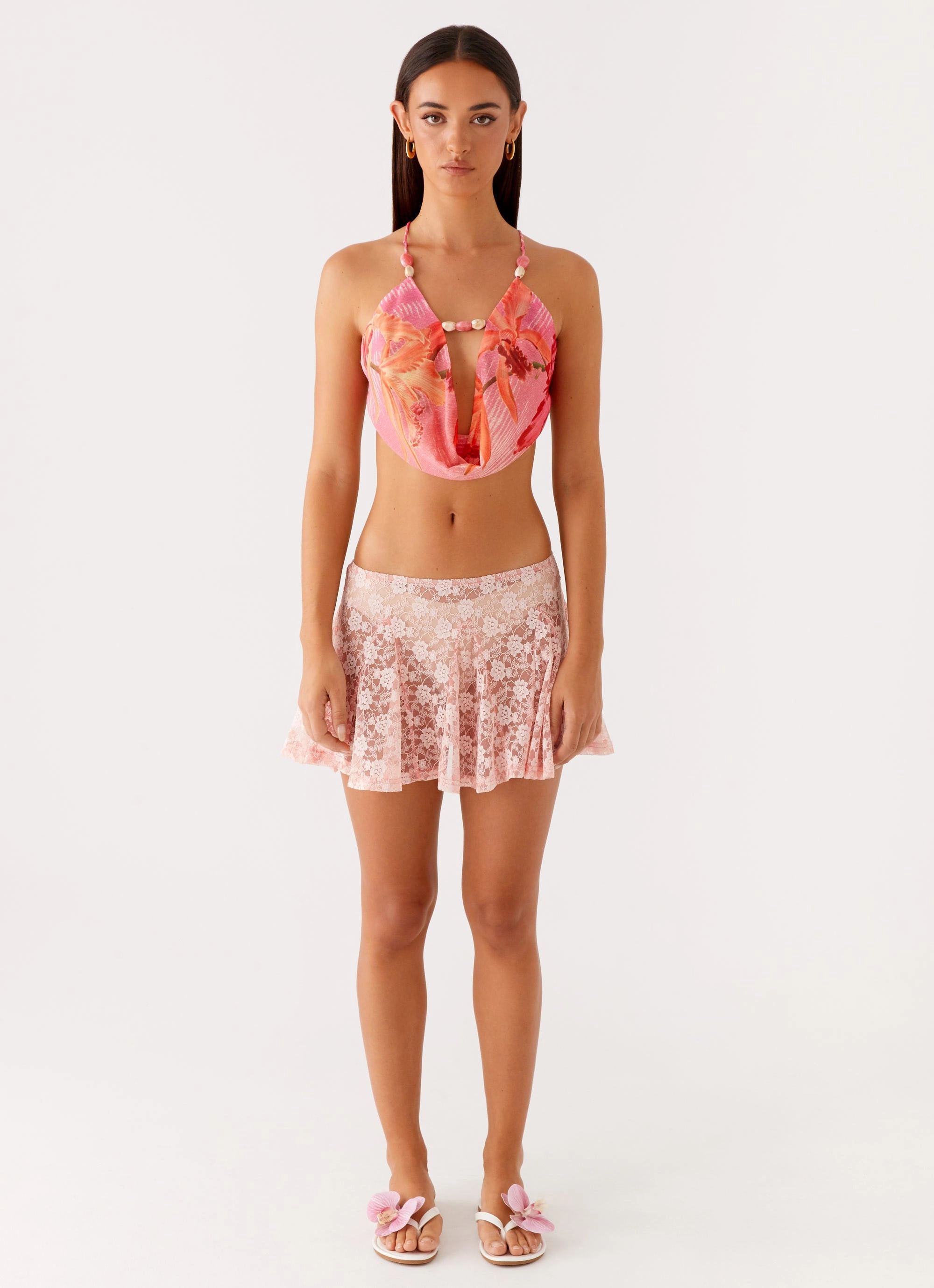 Microfiber Material Versatile Layering Piece Bobbi Cowl Neck Top - Tropical Pink Print