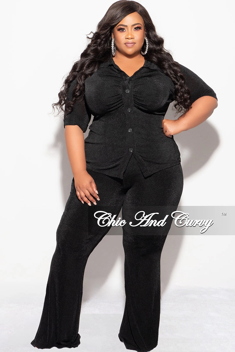 Final Sale Plus Size 2pc Slinky Button Up Collar Short Sleeve Top and Pants Set in Black Laser Cut Perforations All Purpose Fit