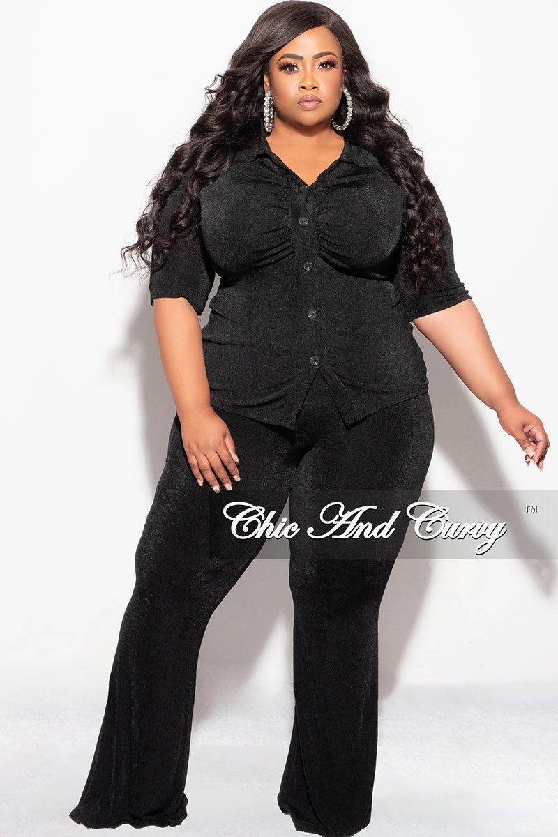 Final Sale Plus Size 2pc Slinky Button Up Collar Short Sleeve Top and Pants Set in Black Breathable Comfort Design