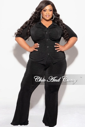 FrictionResistantEdging Final Sale Plus Size 2pc Slinky Button Up Collar Short Sleeve Top and Pants Set in Black