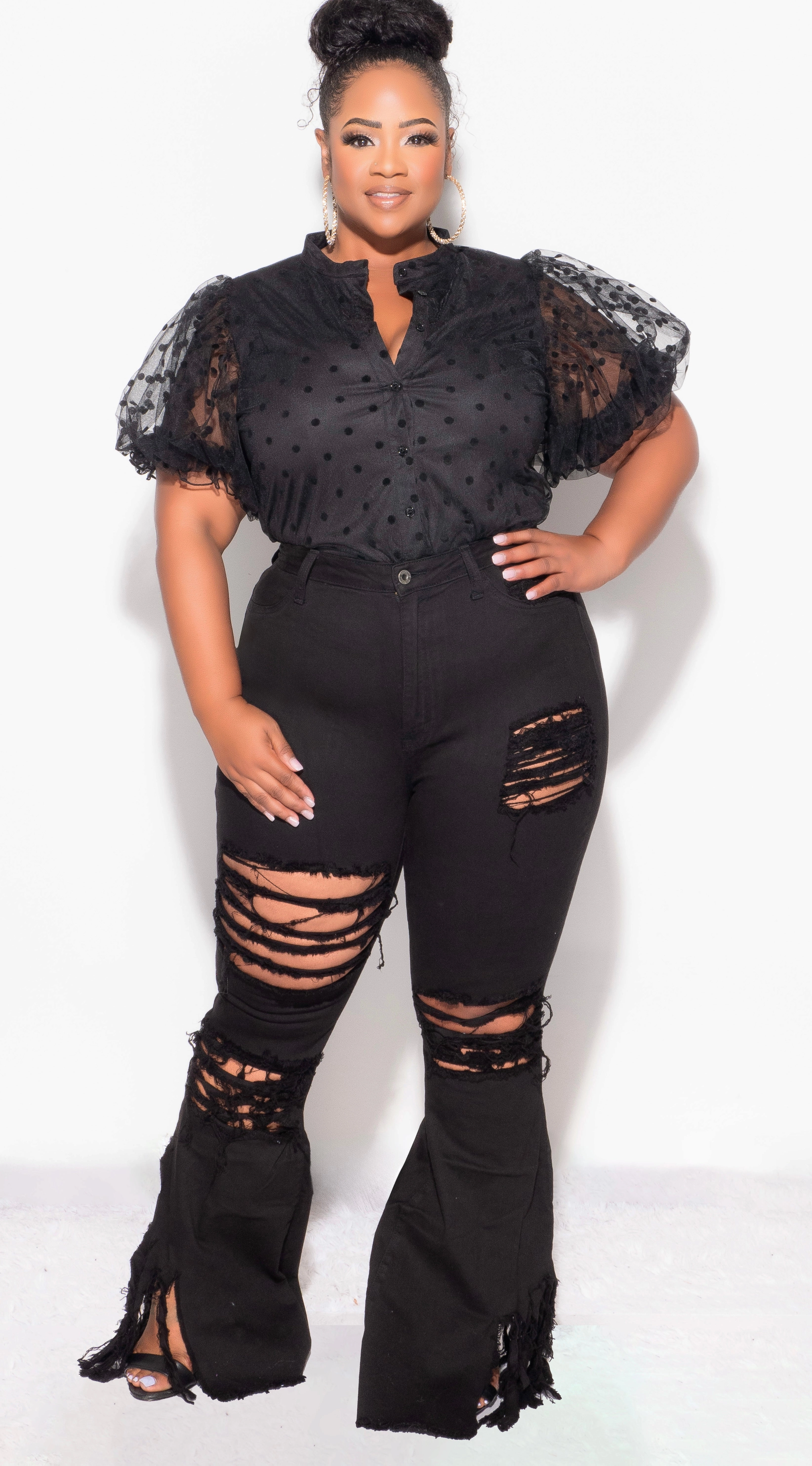 NonRestrictiveFit Hypoallergenic fabric Final Sale Plus Size Distressed Wide Leg Denim Jeans in Black