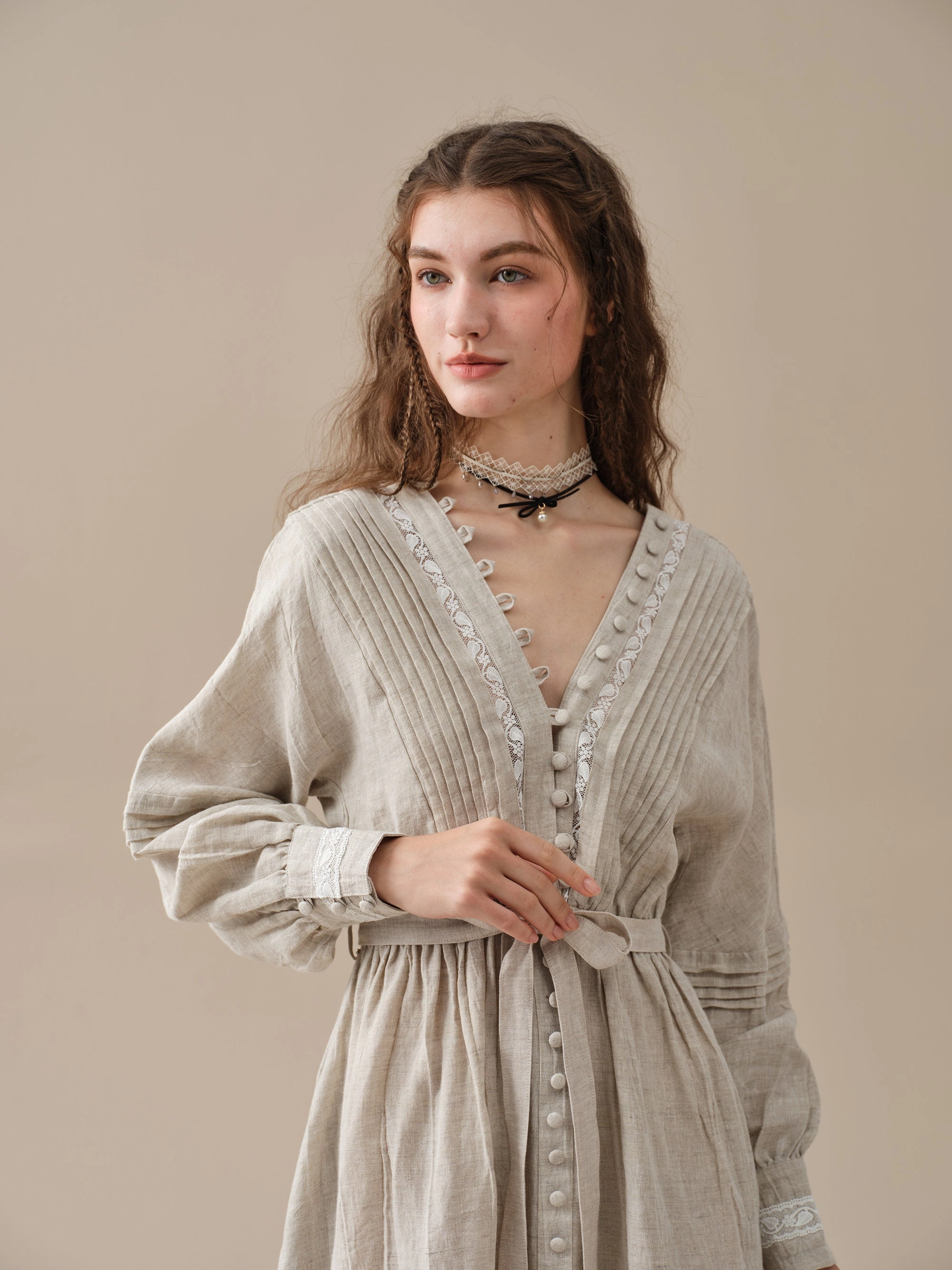 Octavia 17 | pintucked V-neck linen Dress High-rise waist Perfect Silhouette
