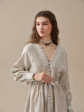 Octavia 17 | pintucked V-neck linen Dress High-rise waist Perfect Silhouette
