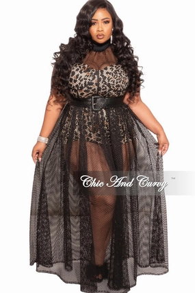 Tough Style Soft Feel Final Sale Plus Size 2pc Black Net Dress with Animal Print Romper