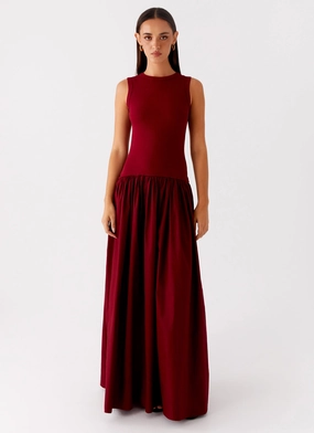 Shivani Maxi Dress - Maroon Pleated-Skirt