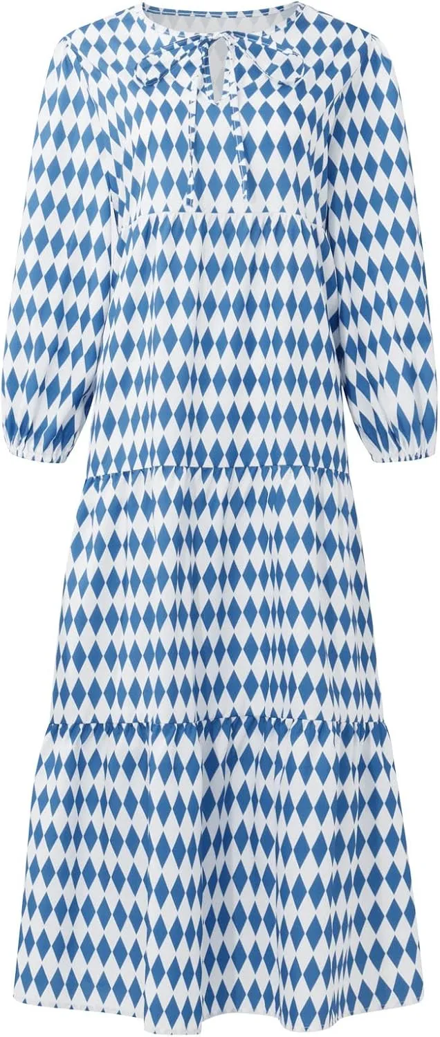 Boho Maxi Dresses for Women 2025 Casual Loose Fit Puff Sleeve Long Bohemian Dress Geometric V Neck Tiered Flowy Dress