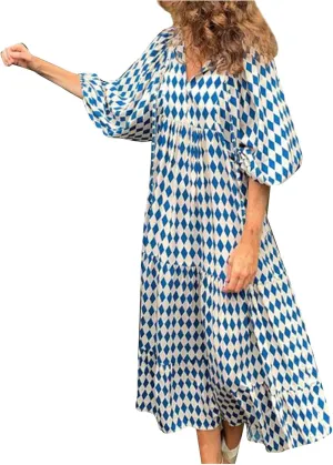 Boho Maxi Dresses for Women 2025 Casual Loose Fit Puff Sleeve Long Bohemian Dress Geometric V Neck Tiered Flowy Dress