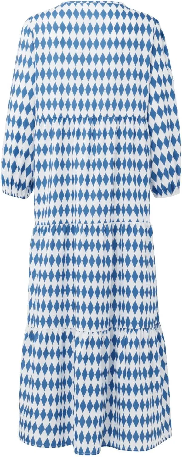 Boho Maxi Dresses for Women 2025 Casual Loose Fit Puff Sleeve Long Bohemian Dress Geometric V Neck Tiered Flowy Dress