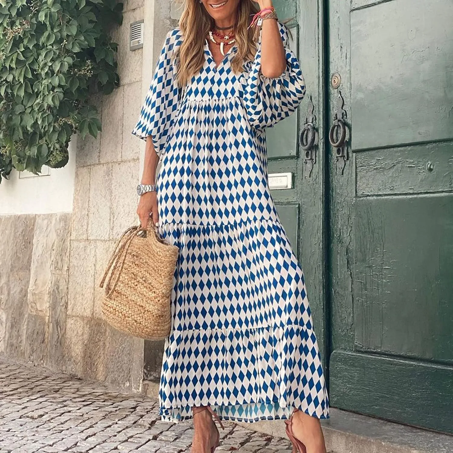 Boho Maxi Dresses for Women 2025 Casual Loose Fit Puff Sleeve Long Bohemian Dress Geometric V Neck Tiered Flowy Dress
