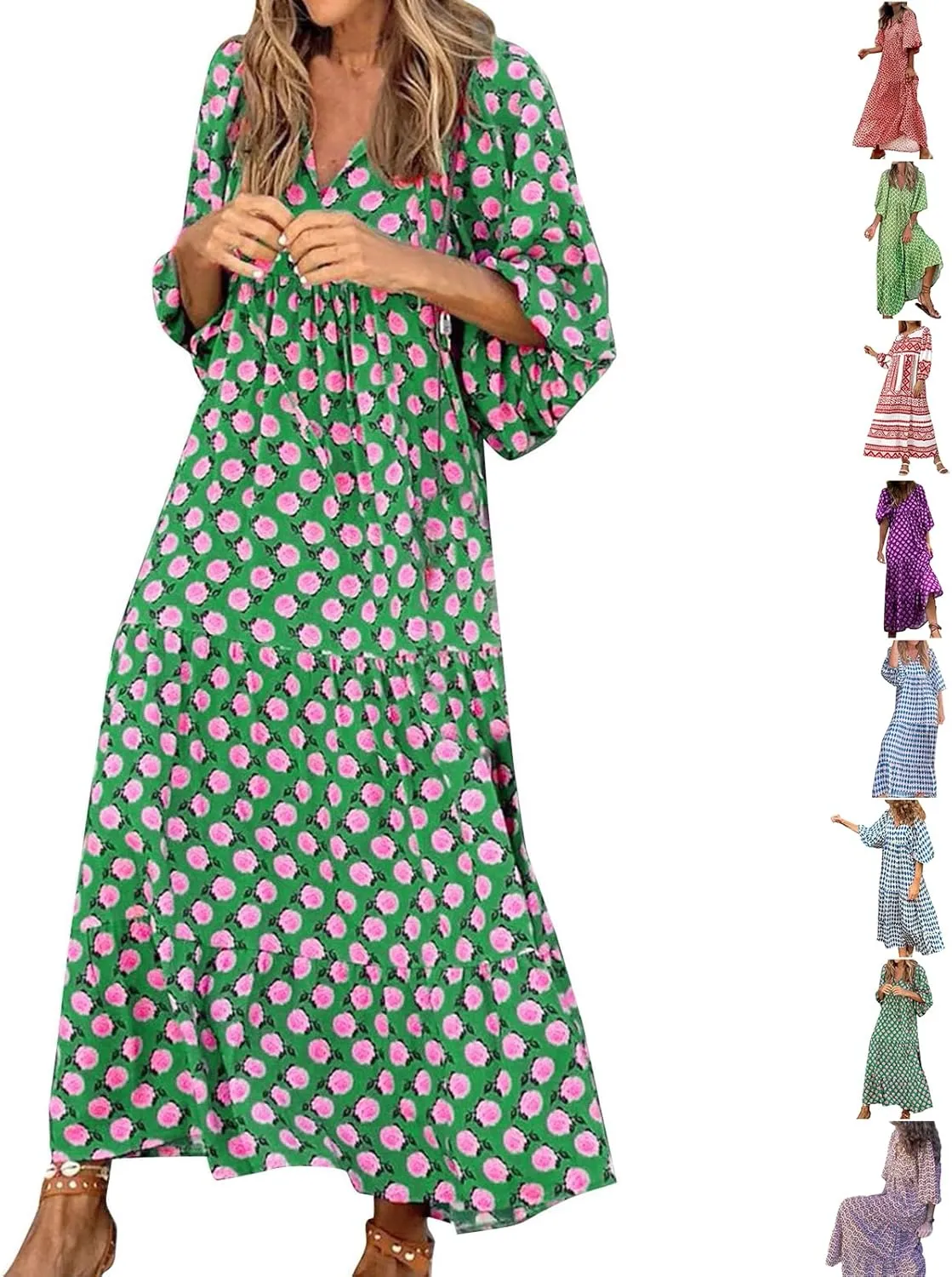 Boho Maxi Dresses for Women 2025 Casual Loose Fit Puff Sleeve Long Bohemian Dress Geometric V Neck Tiered Flowy Dress