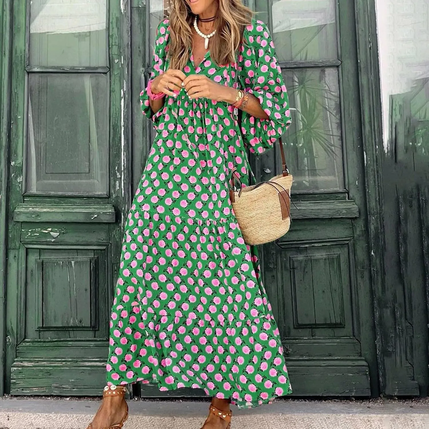 Boho Maxi Dresses for Women 2025 Casual Loose Fit Puff Sleeve Long Bohemian Dress Geometric V Neck Tiered Flowy Dress