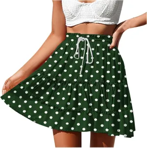 Boho Skirts for Women Summer Casual Elastic High Waist Drawstring Polka Dots Tie-up Flowy Short Mini Skirt