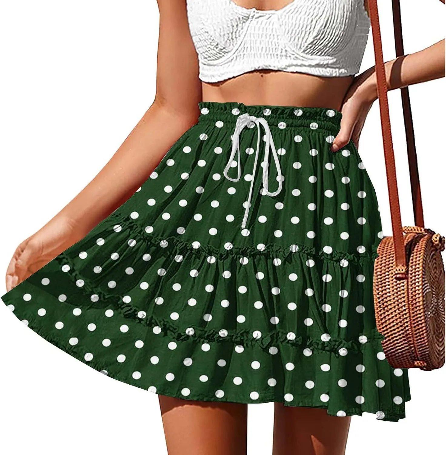 Boho Skirts for Women Summer Casual Elastic High Waist Drawstring Polka Dots Tie-up Flowy Short Mini Skirt