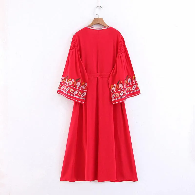 Boho Tassels Floral Embroidery V-neck Loose Long Dress