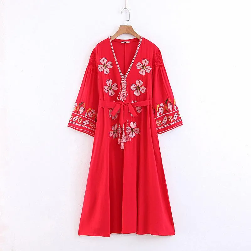 Boho Tassels Floral Embroidery V-neck Loose Long Dress