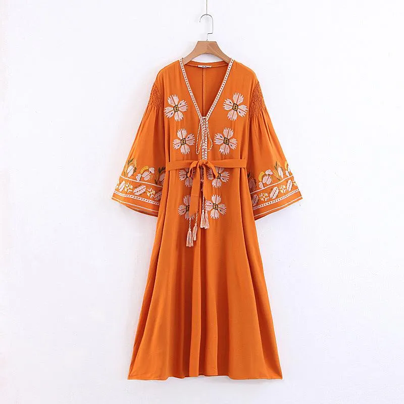 Boho Tassels Floral Embroidery V-neck Loose Long Dress
