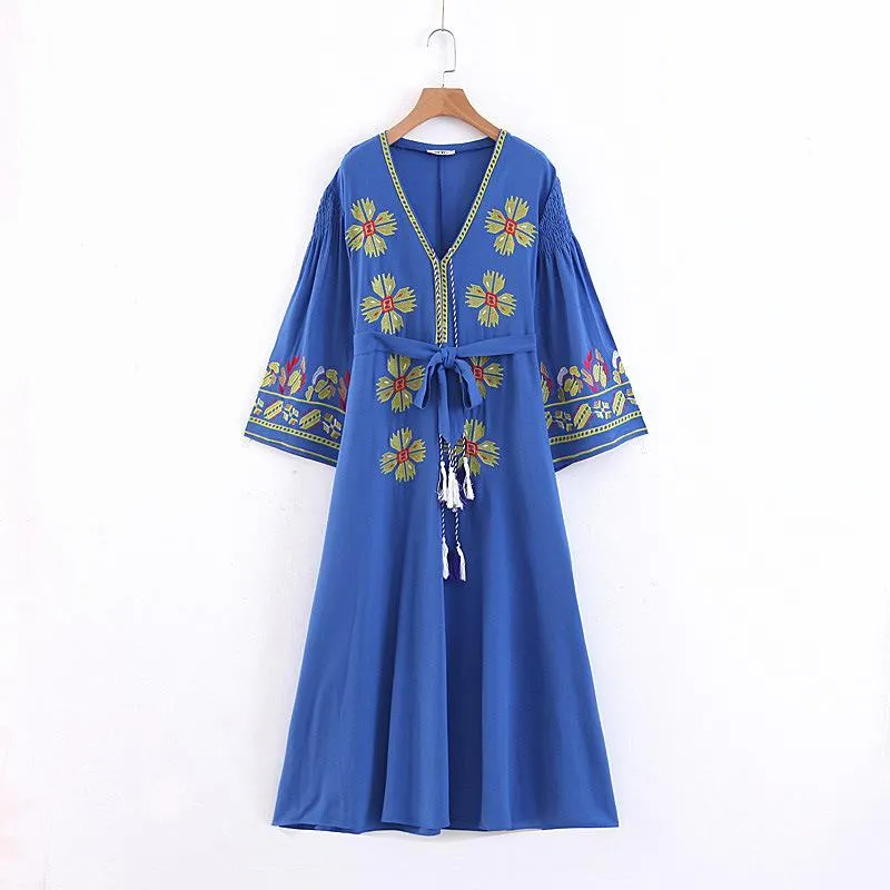 Boho Tassels Floral Embroidery V-neck Loose Long Dress