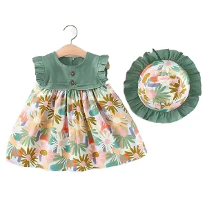 Bold N Elegant Cotton Floral Printed Ruffle Sleeve Princess Dress Frock With Fabric Hat Cap - Green