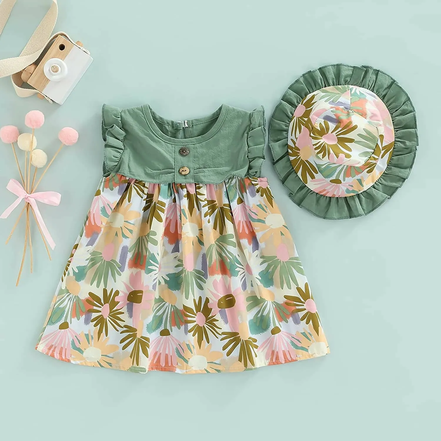 Bold N Elegant Cotton Floral Printed Ruffle Sleeve Princess Dress Frock With Fabric Hat Cap - Green