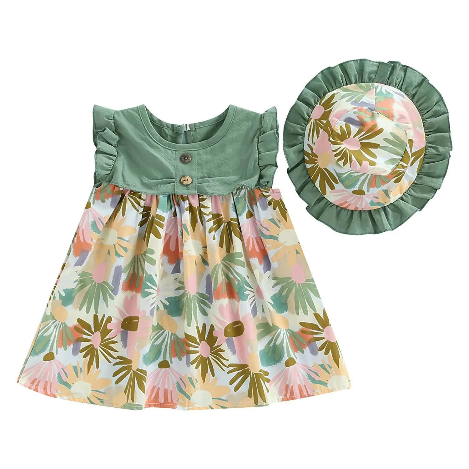 Bold N Elegant Cotton Floral Printed Ruffle Sleeve Princess Dress Frock With Fabric Hat Cap - Green