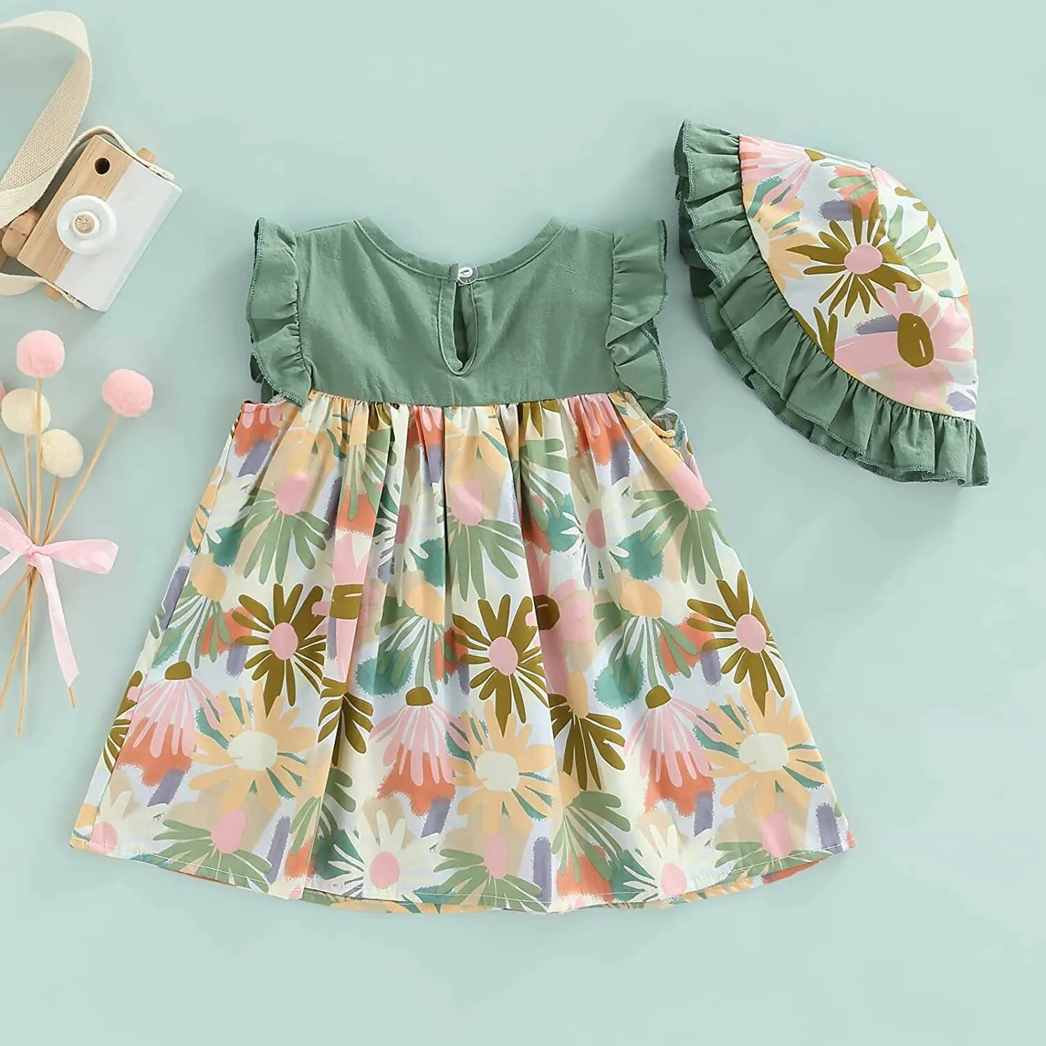 Bold N Elegant Cotton Floral Printed Ruffle Sleeve Princess Dress Frock With Fabric Hat Cap - Green
