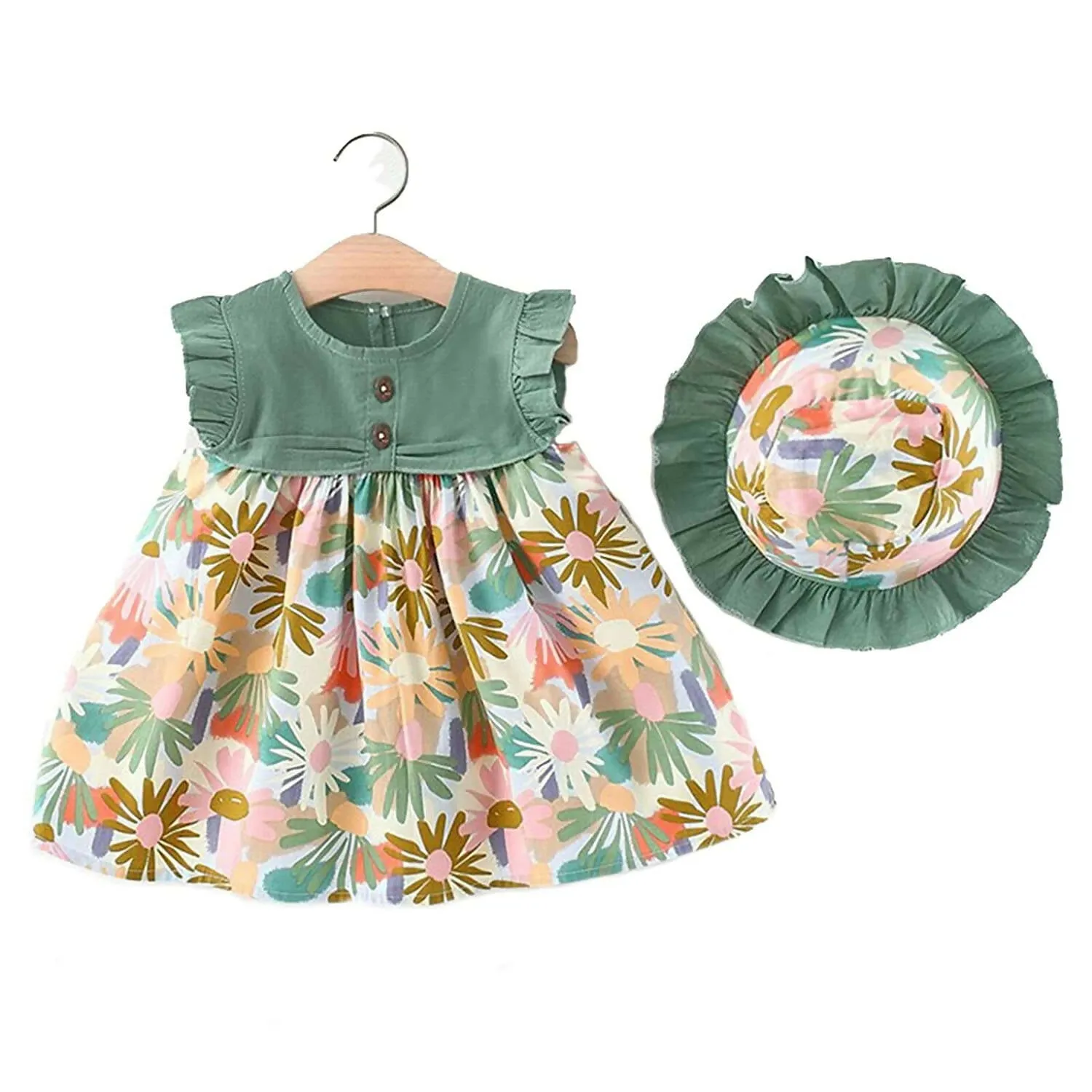 Bold N Elegant Cotton Floral Printed Ruffle Sleeve Princess Dress Frock With Fabric Hat Cap - Green