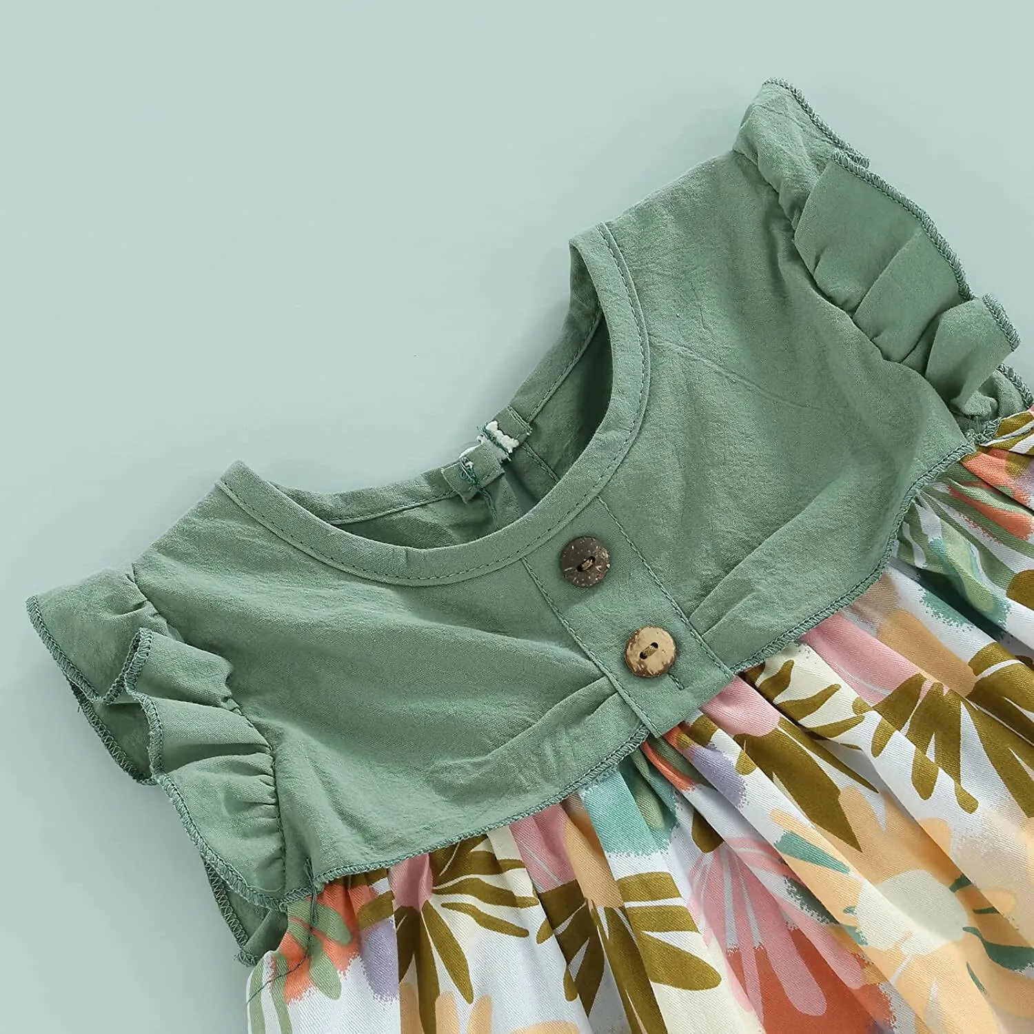 Bold N Elegant Cotton Floral Printed Ruffle Sleeve Princess Dress Frock With Fabric Hat Cap - Green