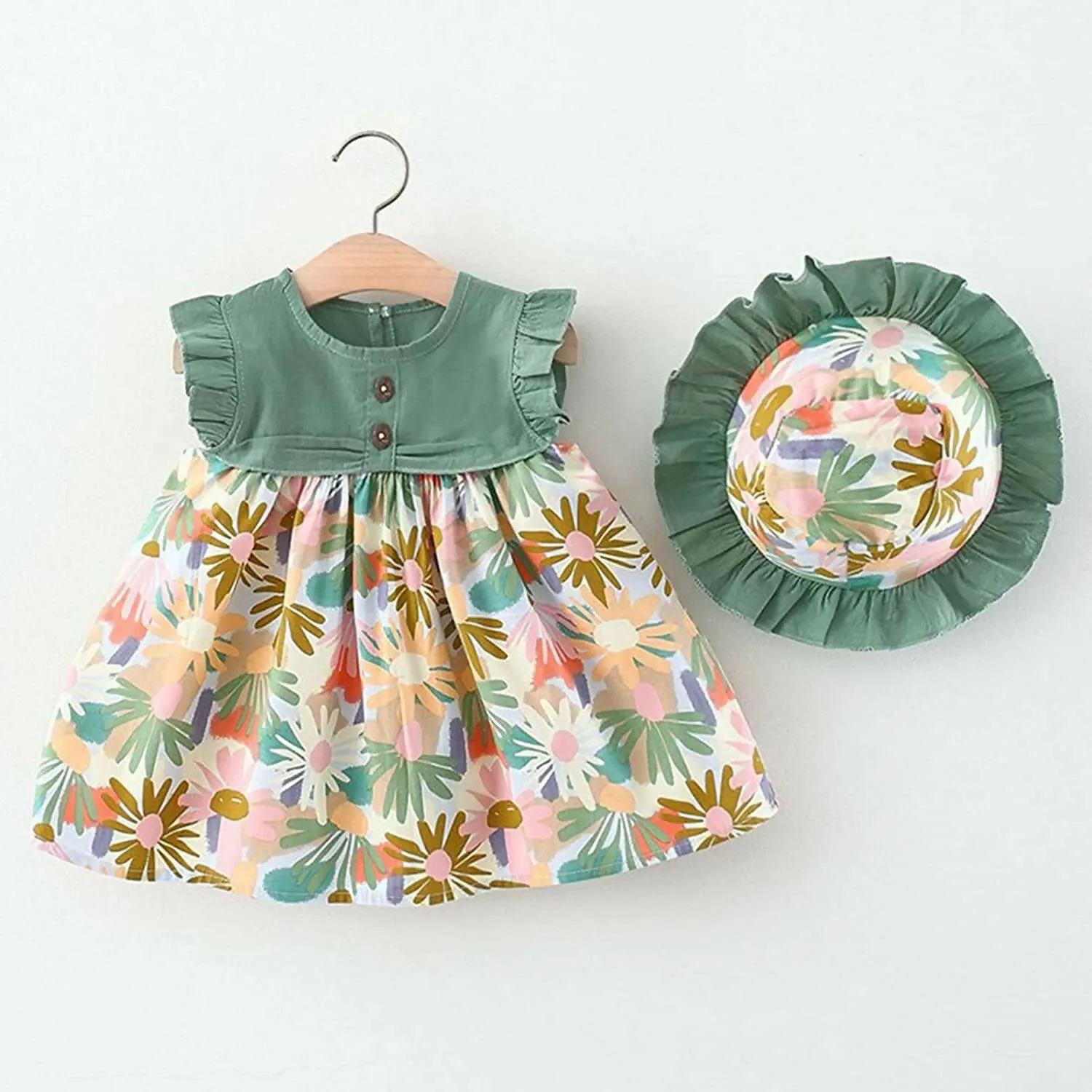 Bold N Elegant Cotton Floral Printed Ruffle Sleeve Princess Dress Frock With Fabric Hat Cap - Green