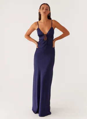 Feminine Touch Holiday Wear Flora Satin Maxi Dress - Navy