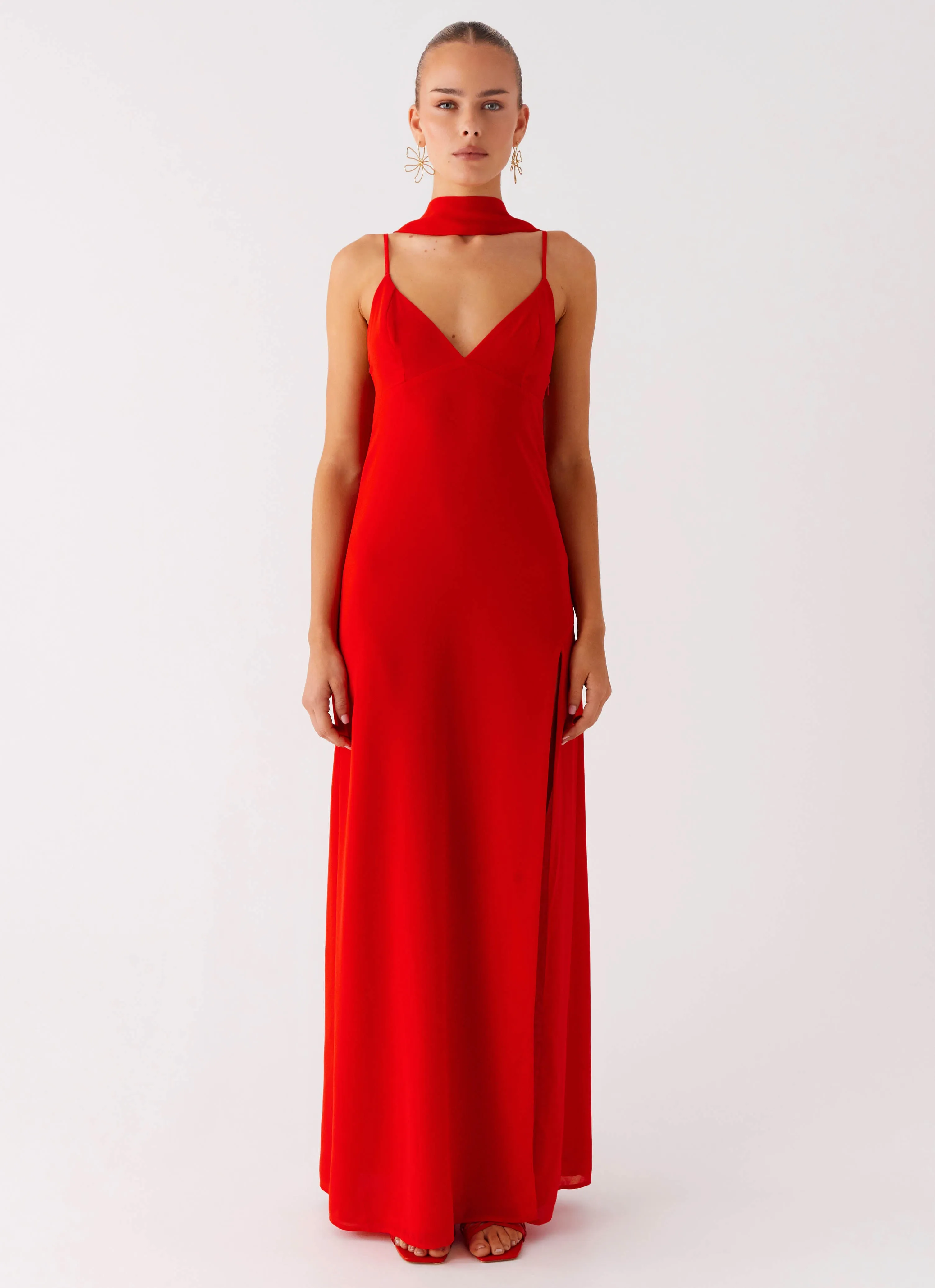 Yorke Scarf Maxi Dress - Raspberry Red Color-Blocked Flare Hem