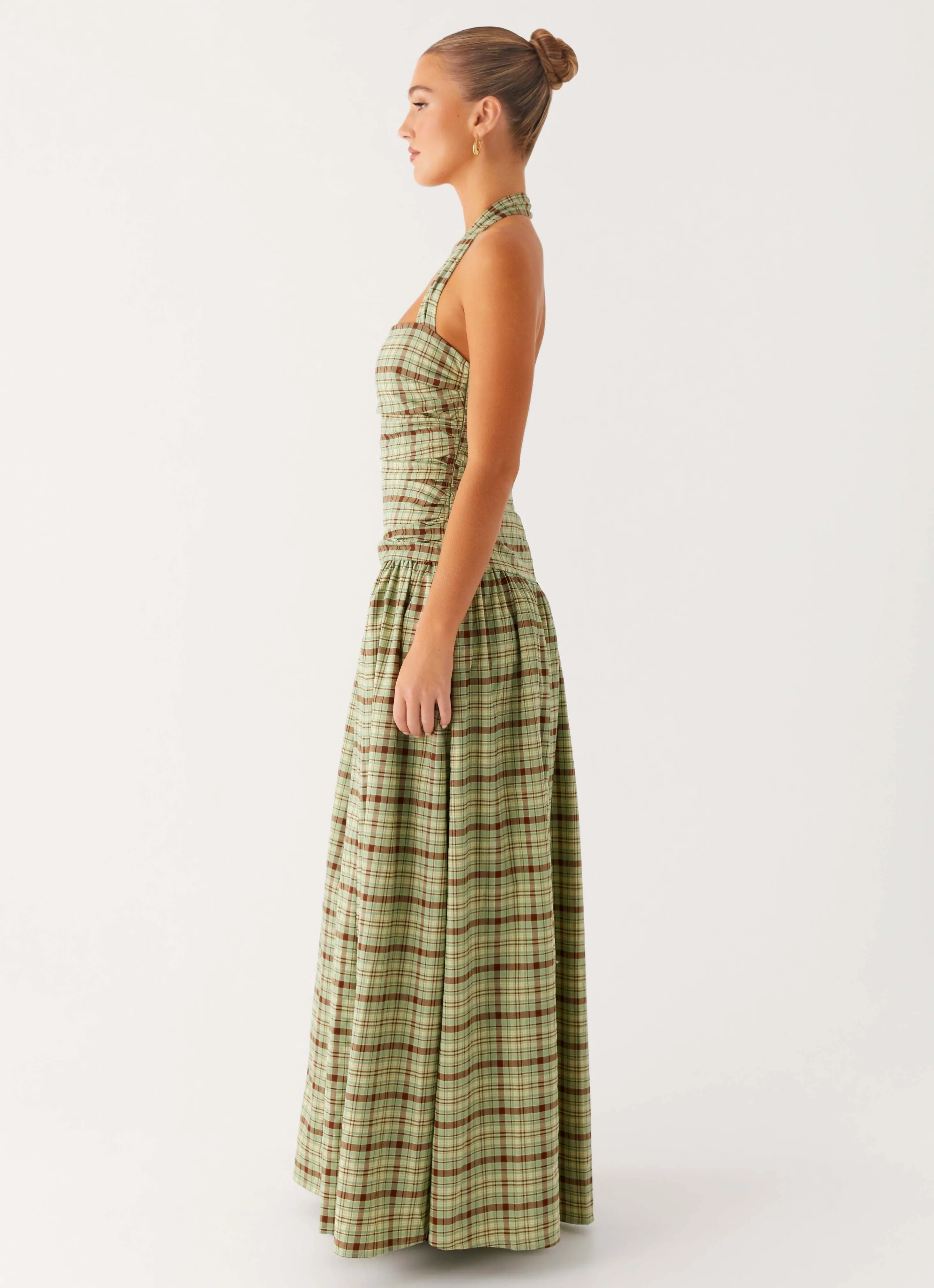 Lilith Maxi Dress - Forest Plaid Satin Glow Semi Fit