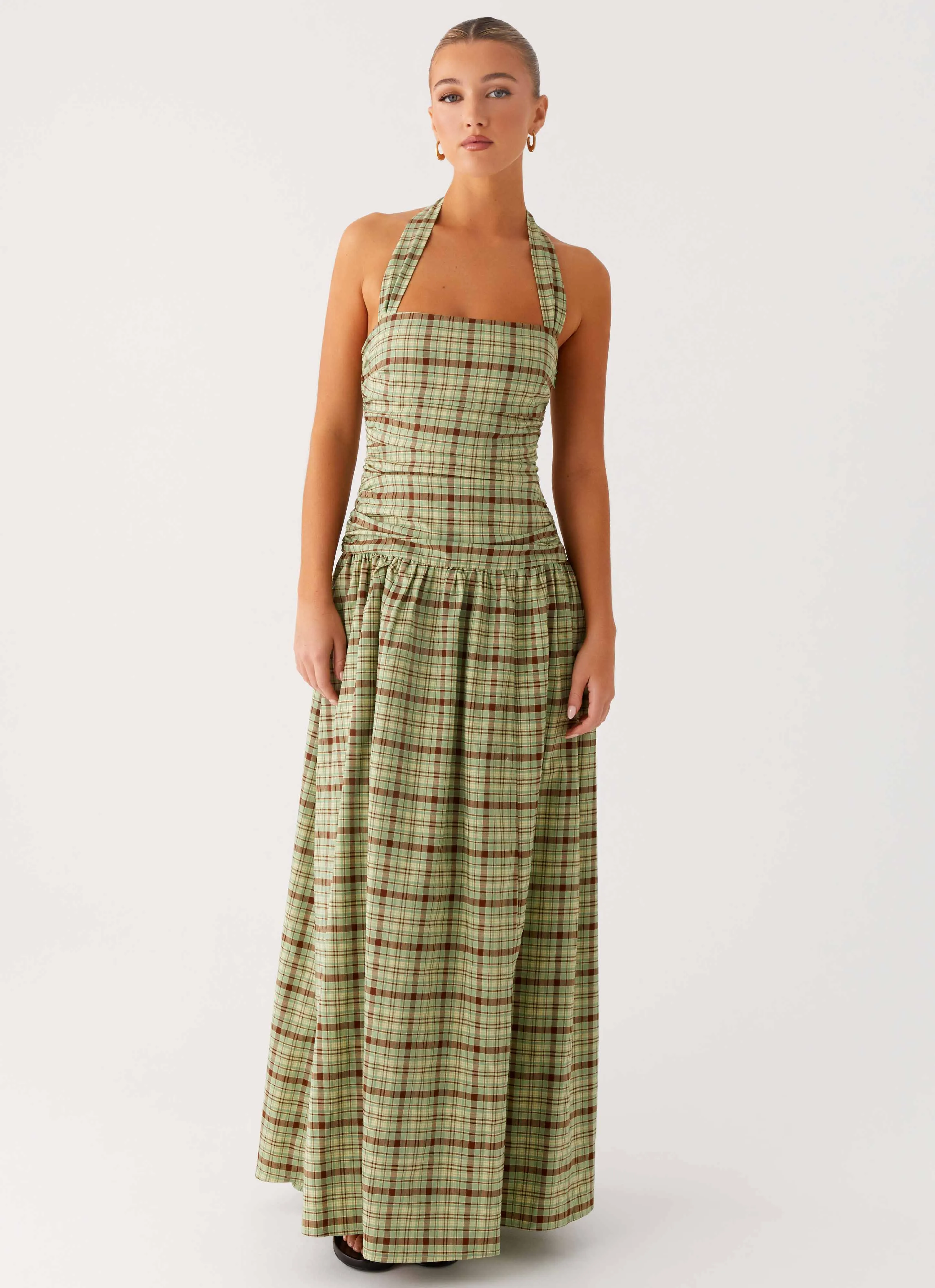 Feminine flowing piece Lilith Maxi Dress - Forest Plaid