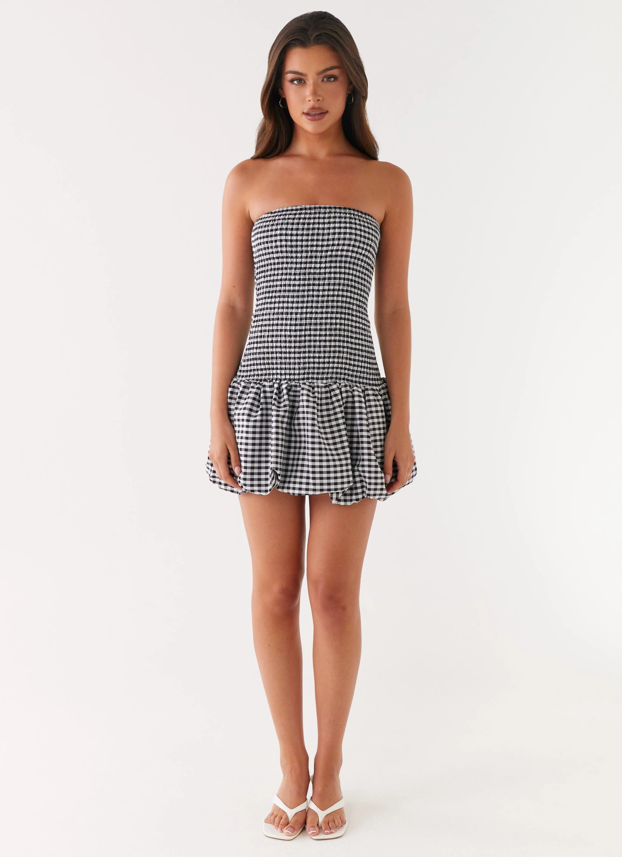 Waist-Cinching Martell Mini Dress - Black Gingham