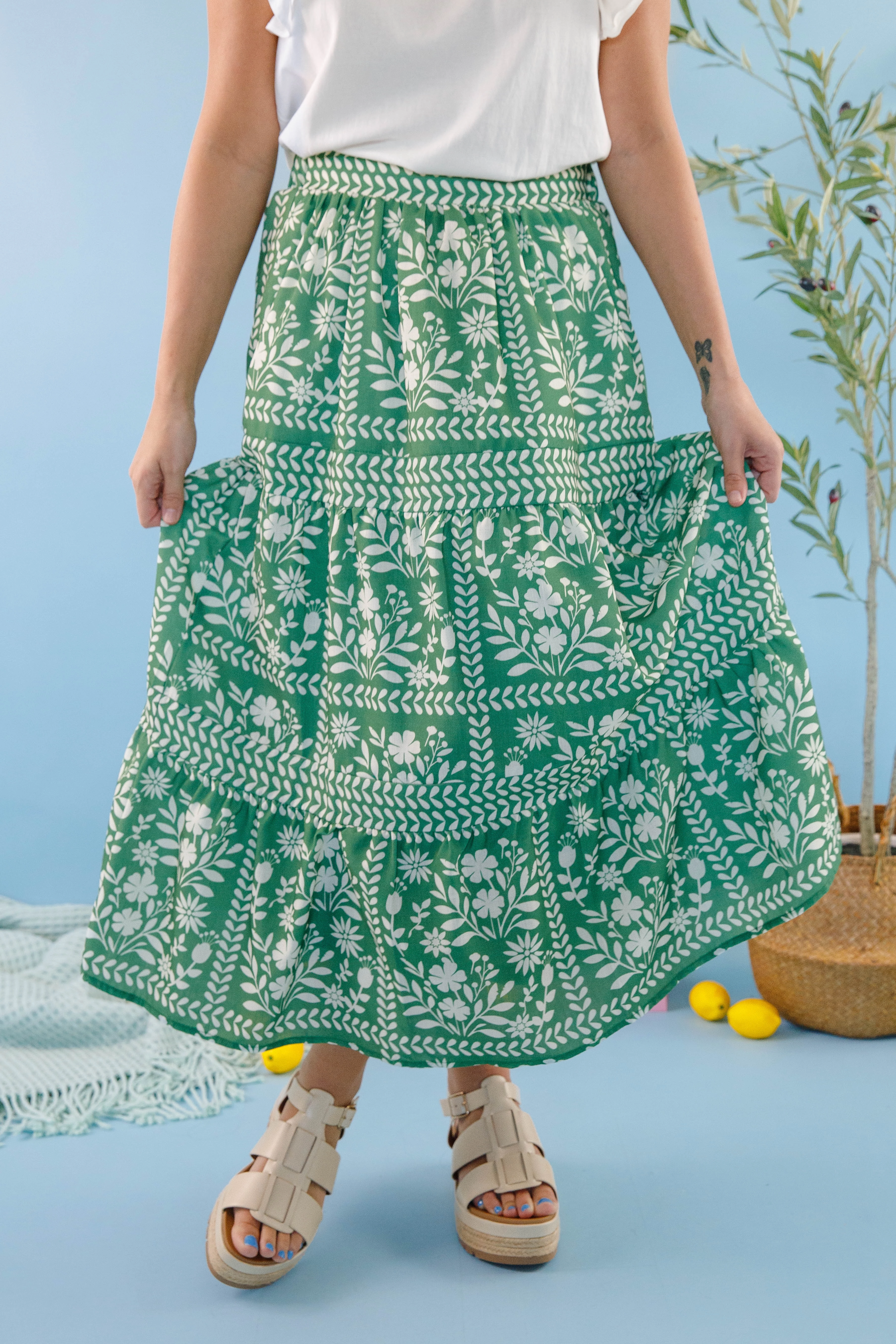 Soft and Stretchy Adaptable Fit Lots Of Happiness Midi Skirt-Green