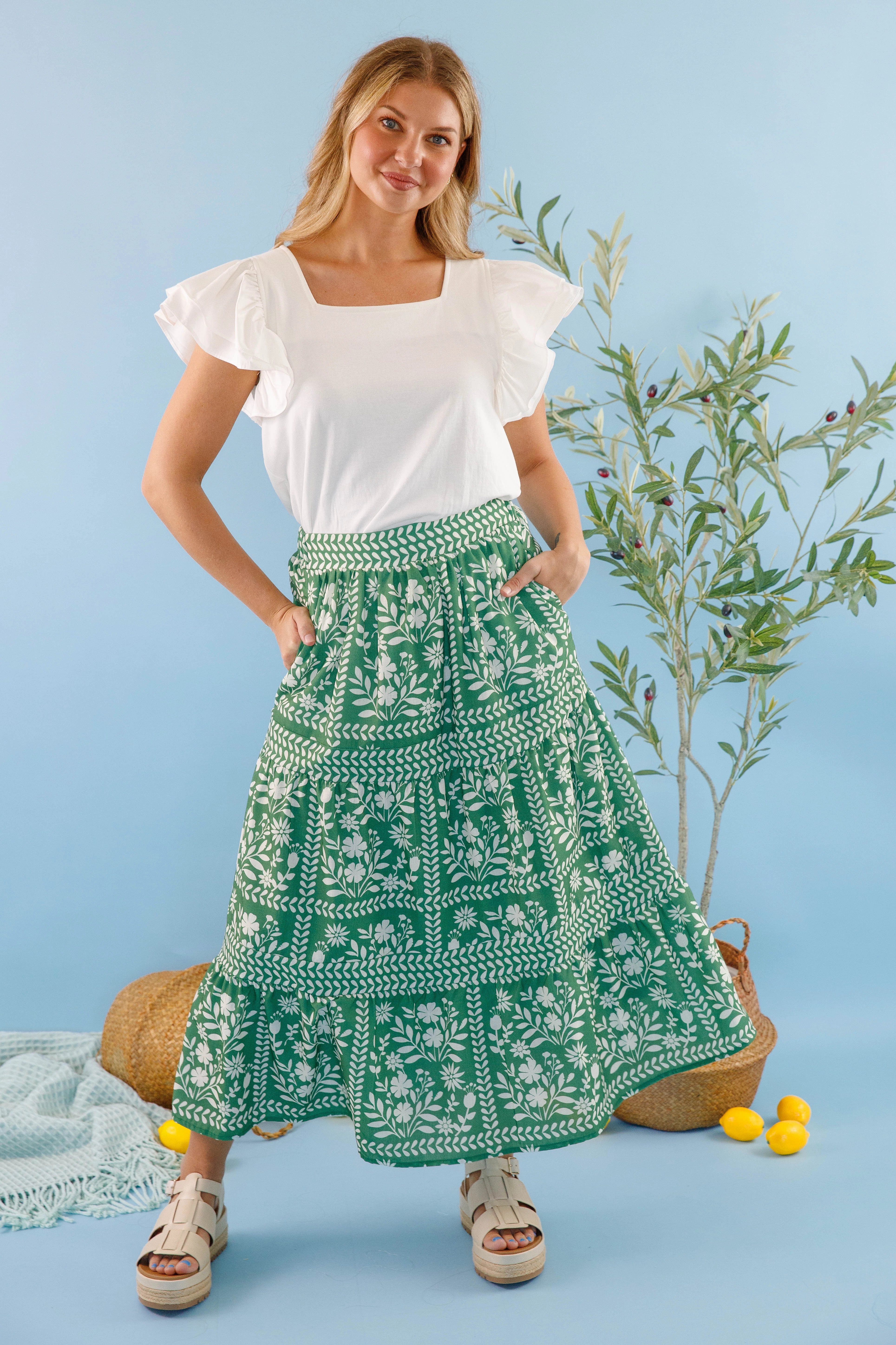Lots Of Happiness Midi Skirt-Green Stylish Waistband