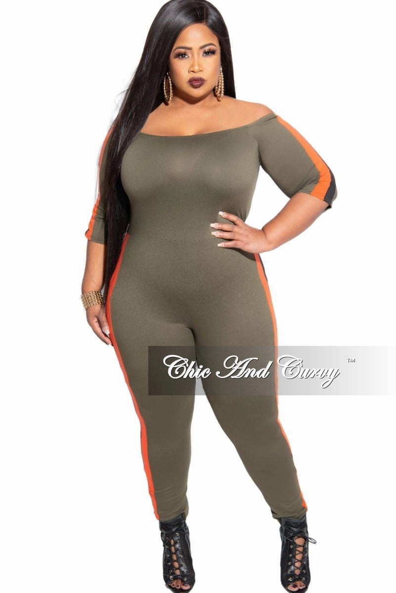 Hidden Pocket System Lounge-friendly Final Sale Plus Size Off the Shoulder Jumpsuit in Olive with Burnt Orange and Black Trim