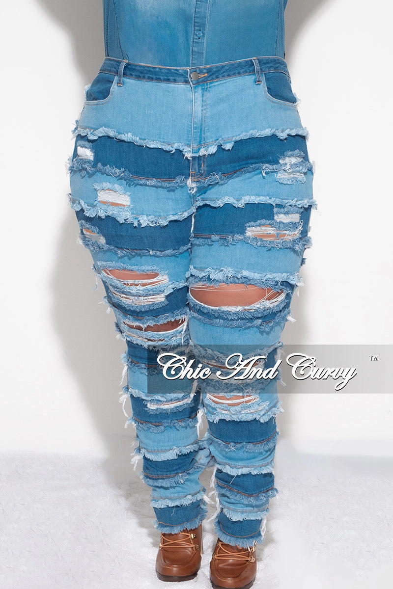 Final Sale Plus Size Patchwork Frayed Flare Jeans in Light Denim Loose cut