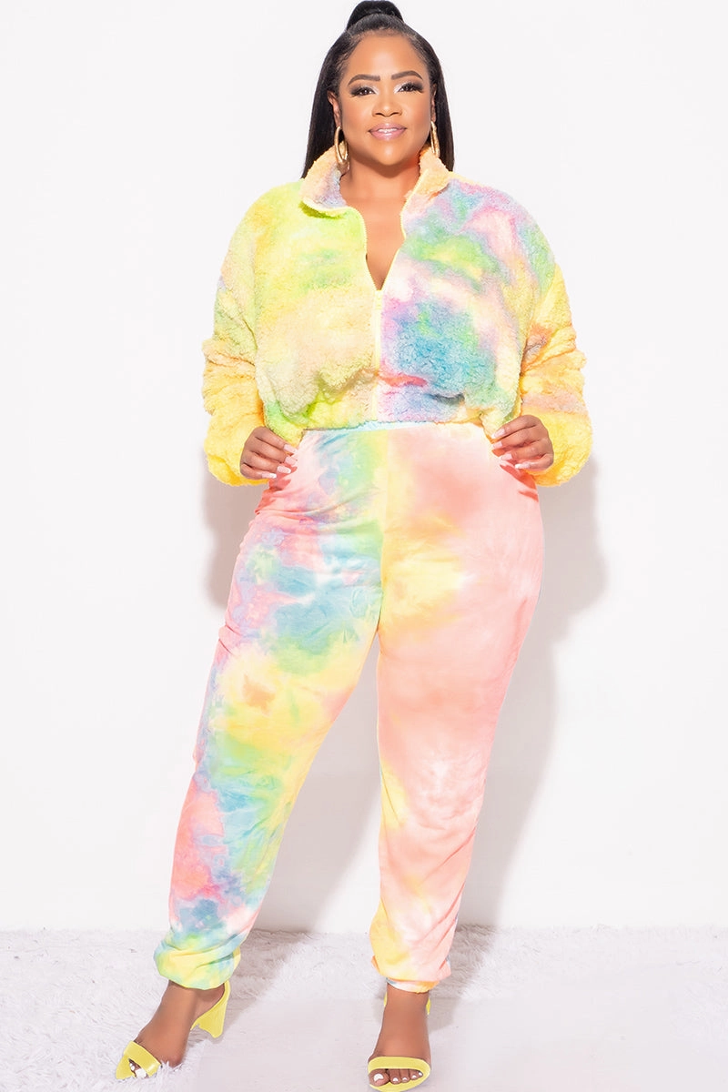 Final Sale Plus Size 2pc Set Fleece Jacket & Legging in Pastel Rainbow Cold Weather Gear