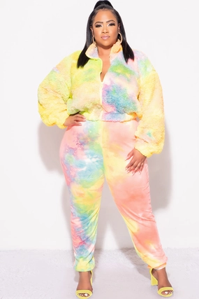 Final Sale Plus Size 2pc Set Fleece Jacket & Legging in Pastel Rainbow Timeless Appeal ErgonomicArticulatedDesign