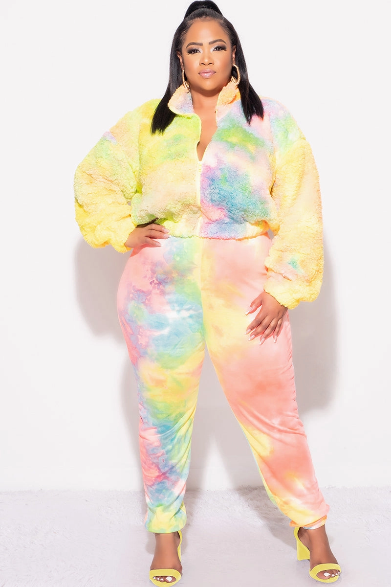 Final Sale Plus Size 2pc Set Fleece Jacket & Legging in Pastel Rainbow Timeless Appeal ErgonomicArticulatedDesign