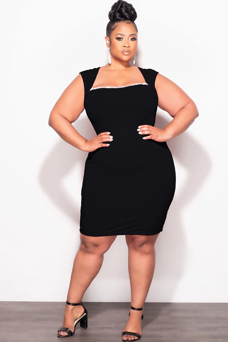 Core Utility Final Sale Plus Size BodyCon Dress with Rhinestone Lined Bust and Wide Strap Mini Dress In Black