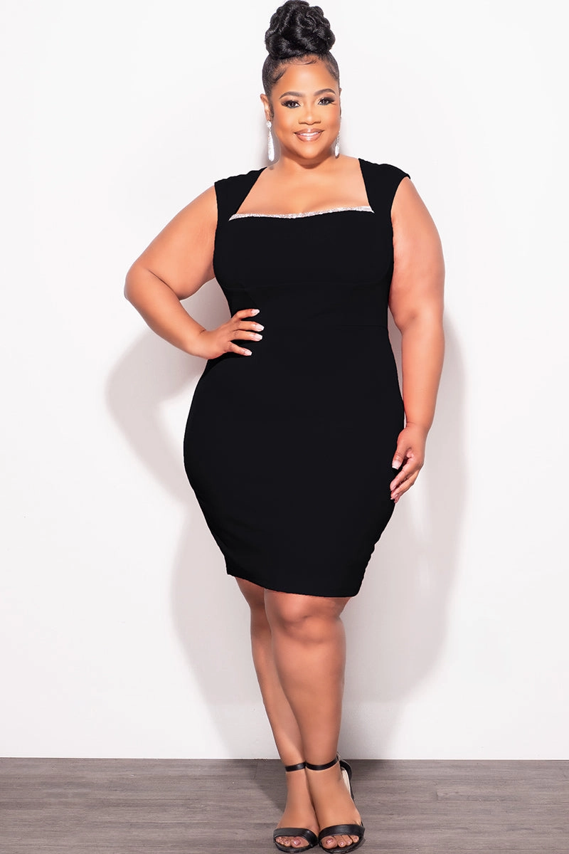 Final Sale Plus Size BodyCon Dress with Rhinestone Lined Bust and Wide Strap Mini Dress In Black Fit Control Ventilated Panels