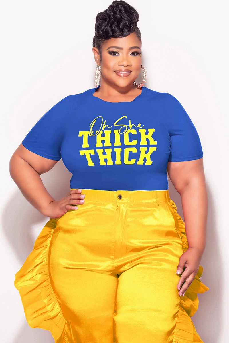 Final Sale Plus Size Blue Fitted T-Shirt Oh She Thick Thick in Yellow No Ride Fit Practical Wear