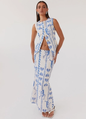 Comfy Waistband Born For Bordeaux Linen Midi Skirt - Floral Wave
