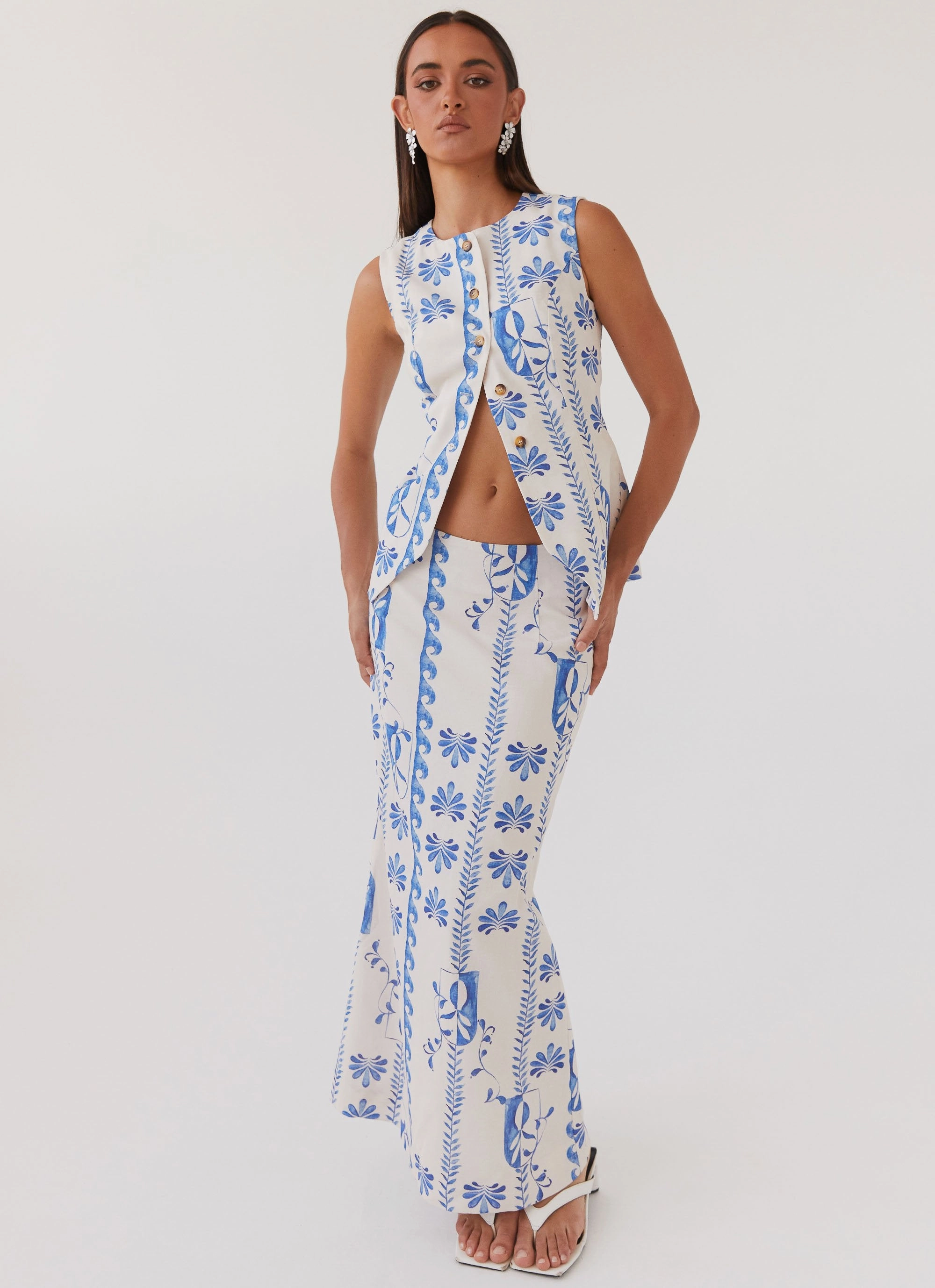 Comfy Waistband Born For Bordeaux Linen Midi Skirt - Floral Wave