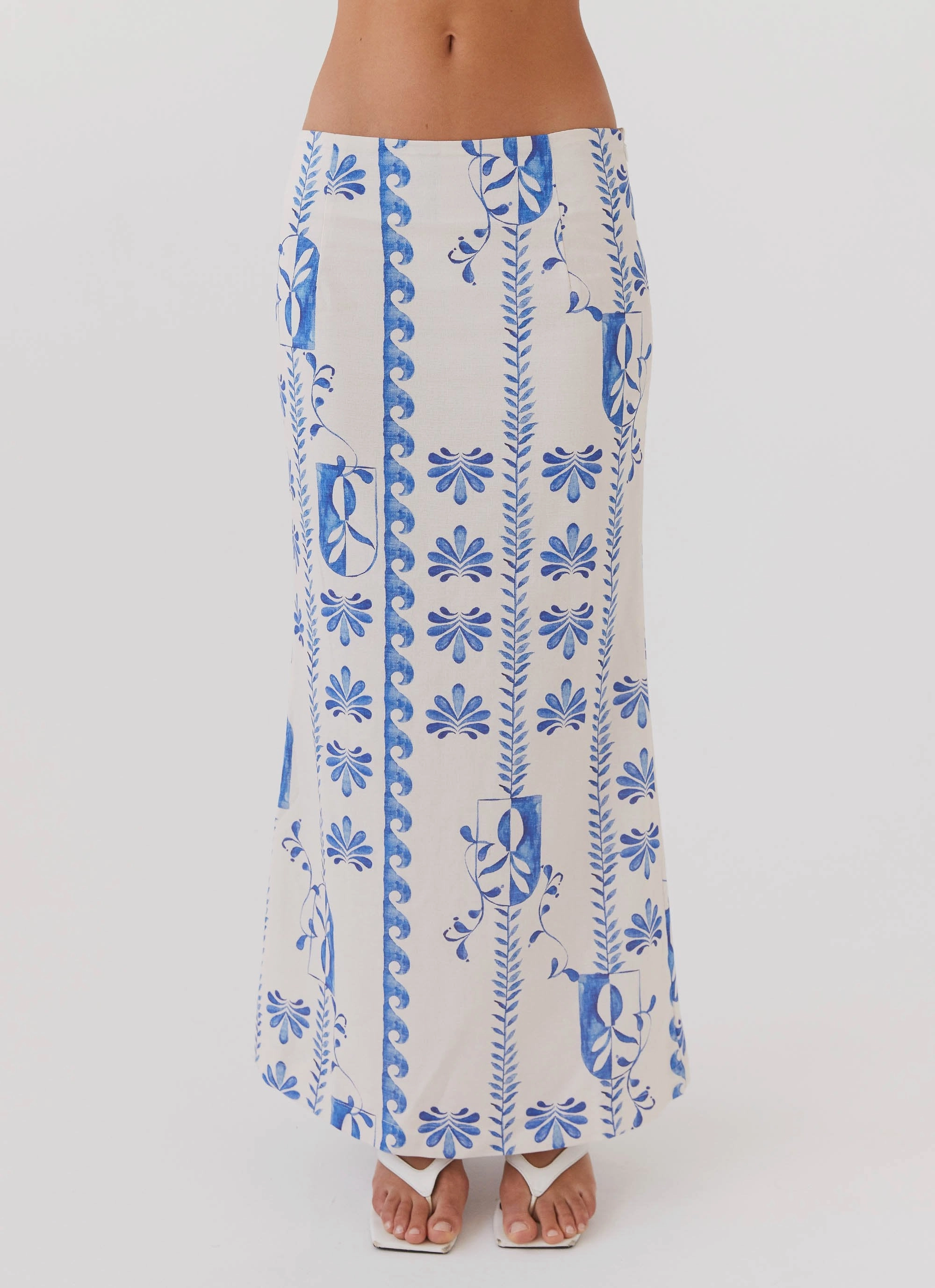 Trendy Look Born For Bordeaux Linen Midi Skirt - Floral Wave