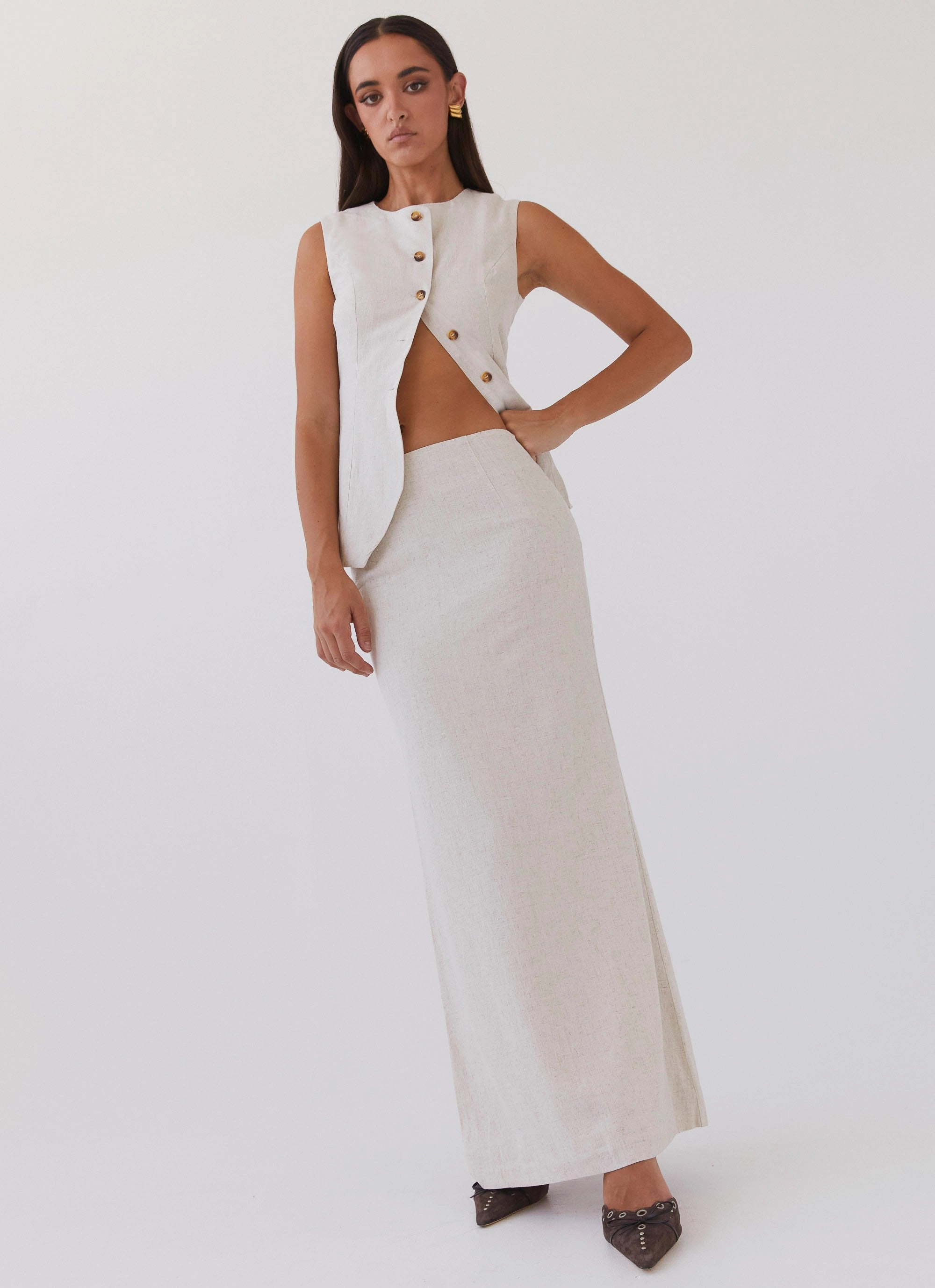 NonRestrictiveCut Stretch Motion Born For Bordeaux Linen Midi Skirt - Oatmeal