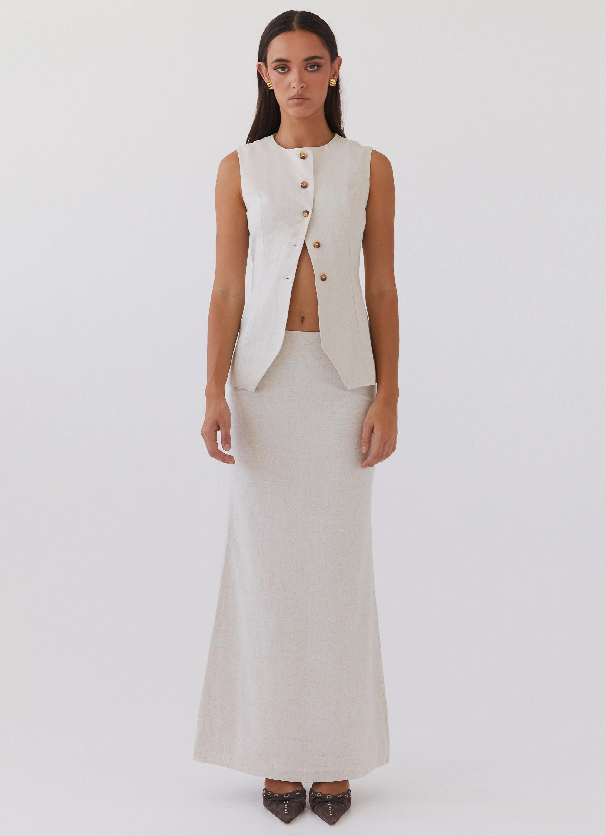 Born For Bordeaux Linen Midi Skirt - Oatmeal Ultra Soft Inner Layer