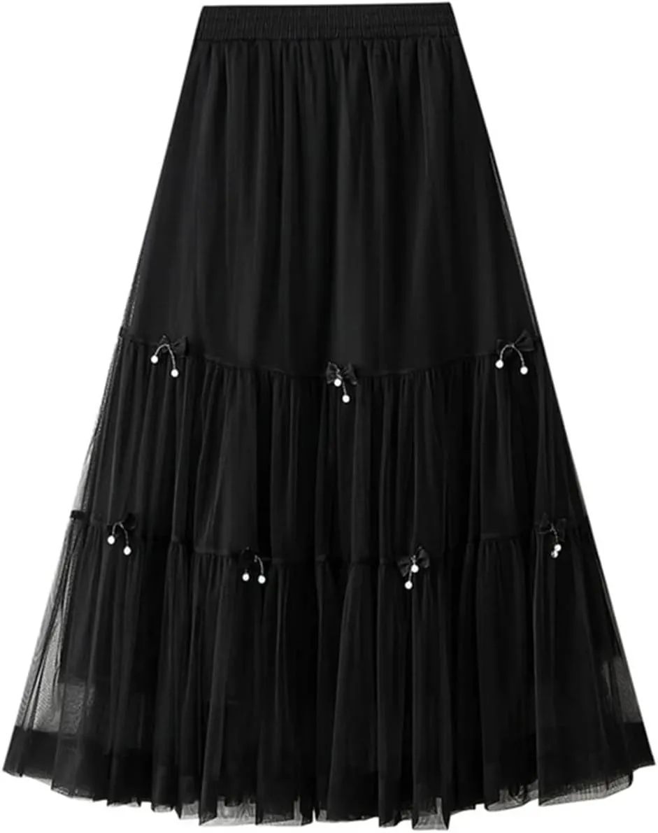 Bow Mesh Cake Skirts for Women High Waist Solid Color Stitching Party Clothing