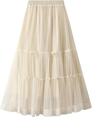 Bow Mesh Cake Skirts for Women High Waist Solid Color Stitching Party Clothing